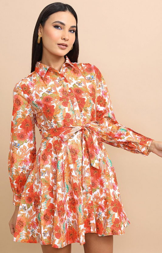 Floral Printed Cuffed Sleeve Gathered Fit & Flare Dress