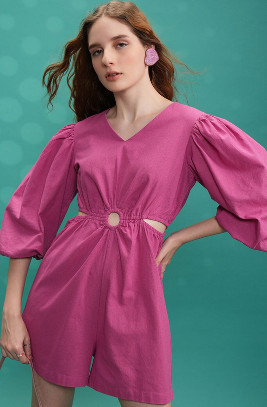 Pink Puff Sleeves Cutout Jumpsuit