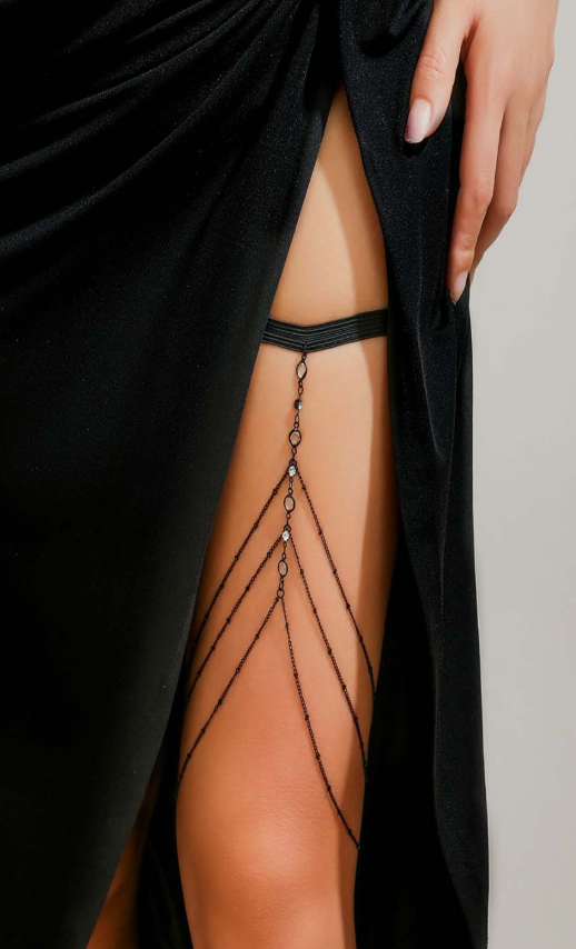 Black Rhinestone Studded Multi Layered Thigh Leg Chain