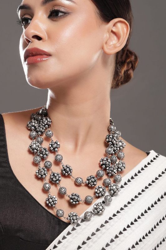 Oxidised Silver-Plated Triple-Layered Floral Bead Statement Necklace for Women