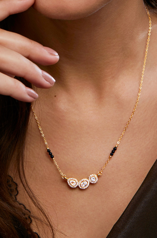 Gold-Plated Diamond -Studded & Beaded Mangalsutra