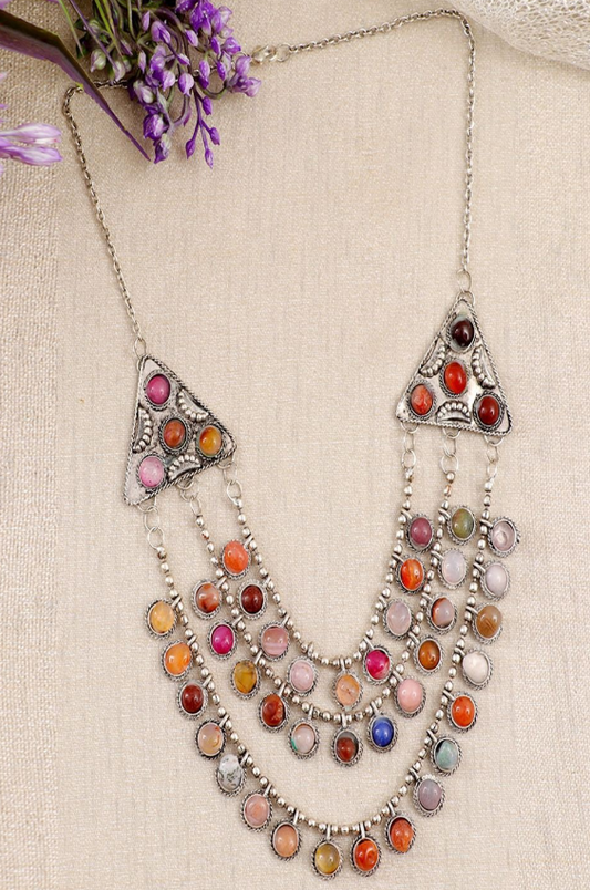 Silver-Plated Oxidized Artificial Stones Studded Layered Minimal Necklace