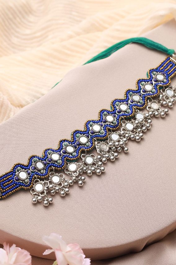 Silver-Plated Artificial Stone Studded & Beaded Statement Necklace