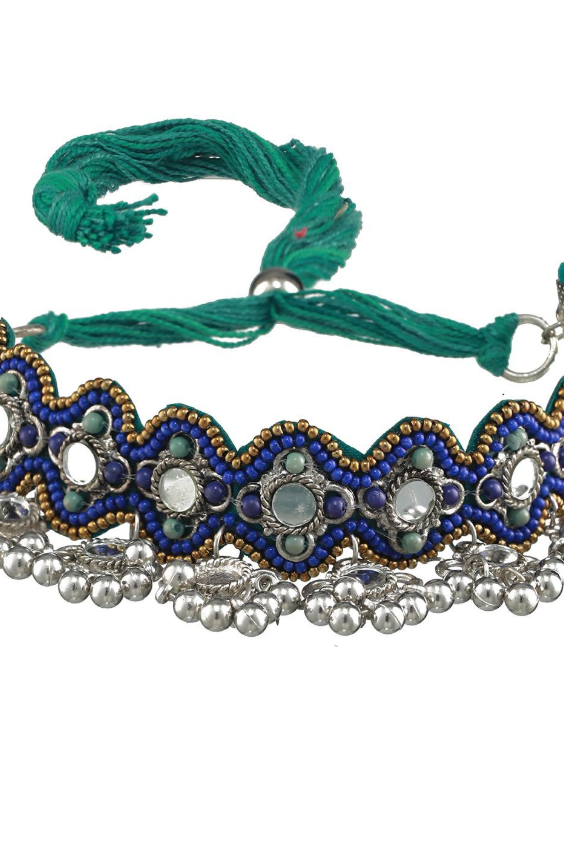 Silver-Plated Artificial Stone Studded & Beaded Statement Necklace