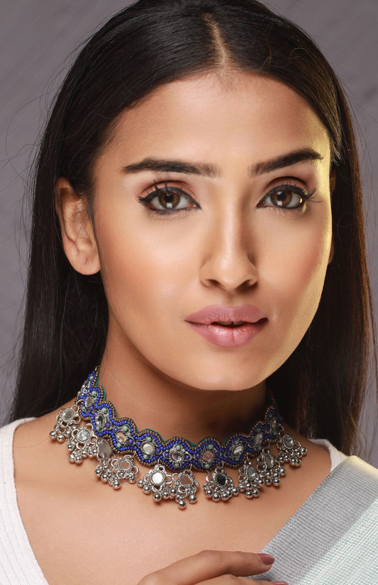Silver-Plated Artificial Stone Studded & Beaded Statement Necklace