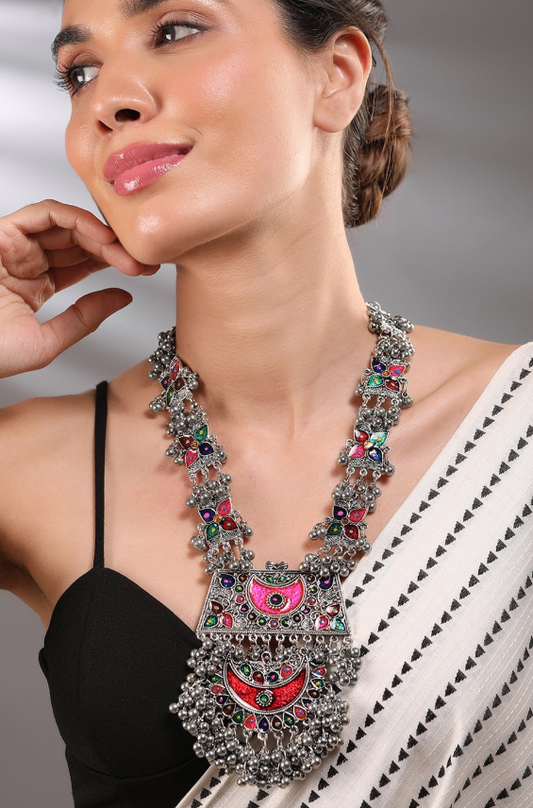 Oxidised Silver-Plated Multicolour Enamel Crescent Motif & Silver Beads Necklace