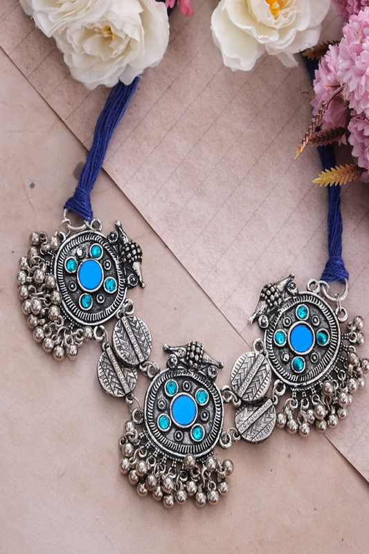 Silver-Plated Artificial Stones Studded Oxidized Boho Choker Statement Necklac