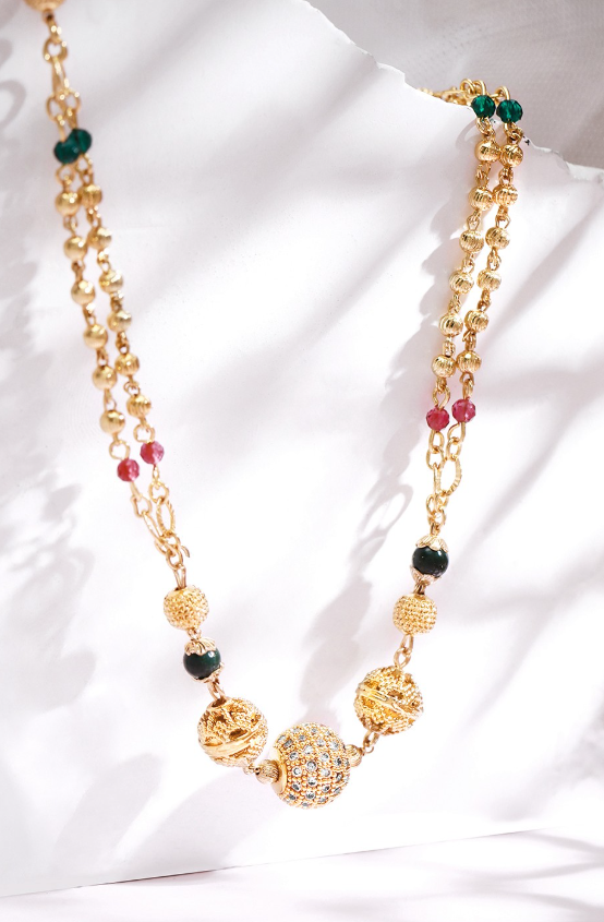 18K Gold-Plated Cubic Zirconia Stone Gold, Green & Pink Beaded Matar Mala Necklace