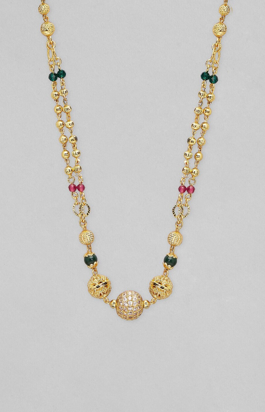 18K Gold-Plated Cubic Zirconia Stone Gold, Green & Pink Beaded Matar Mala Necklace