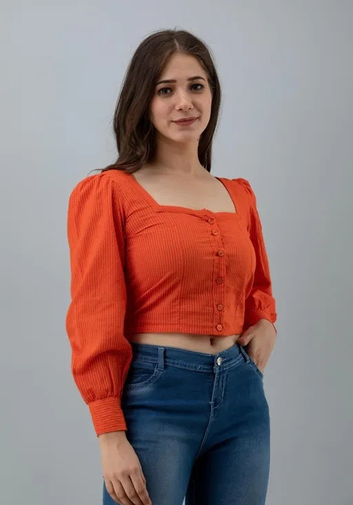Trendy Orange Puff-Sleeve Crop Top