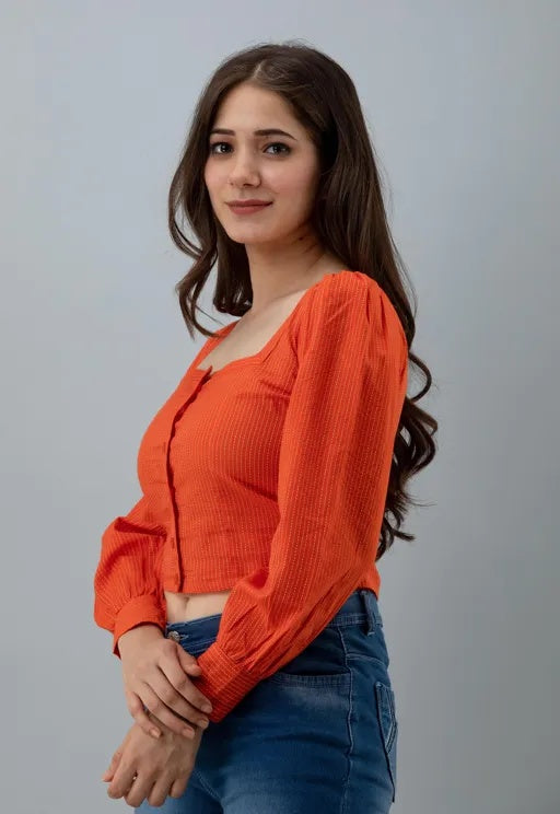 Trendy Orange Puff-Sleeve Crop Top