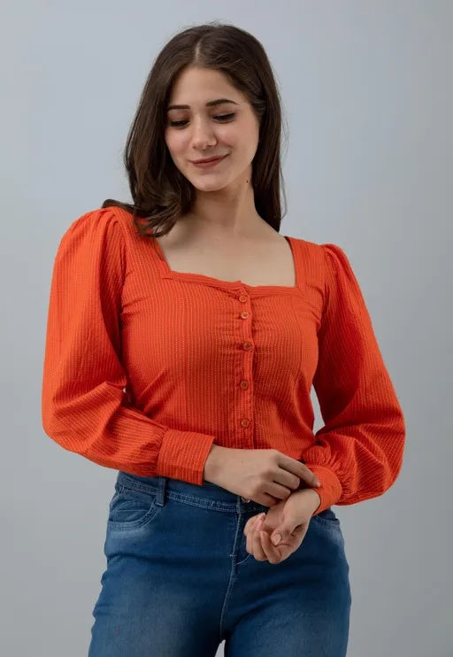 Trendy Orange Puff-Sleeve Crop Top